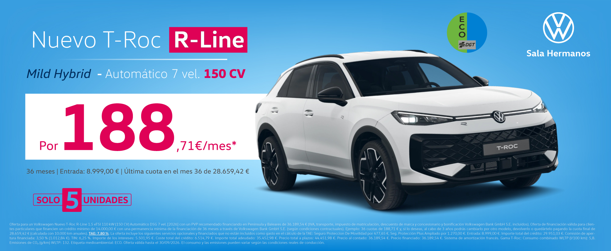 ¡Solo 5 unidades! Nuevo Volkswagen T-Roc R-Line 150 CV por 188,71 €/mes